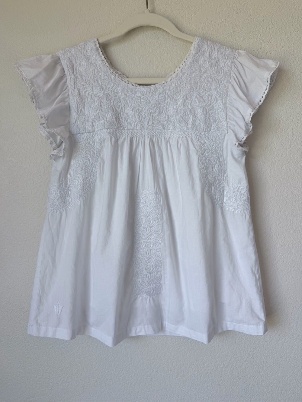 J.Marie White Embroidered Flutter Sleeve Boho Cotton Blouse XS